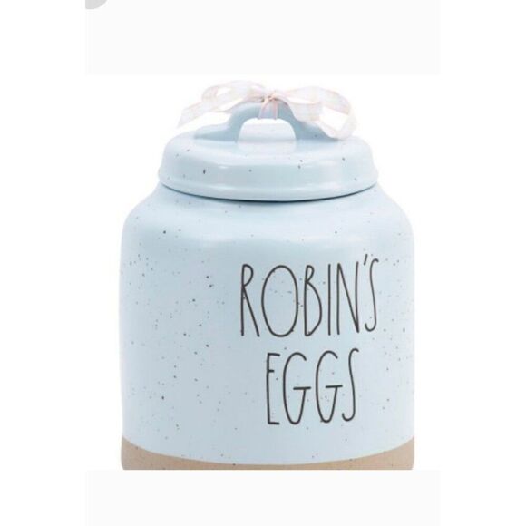 Rae Dunn Robins Eggs 7” canister. Light blue.